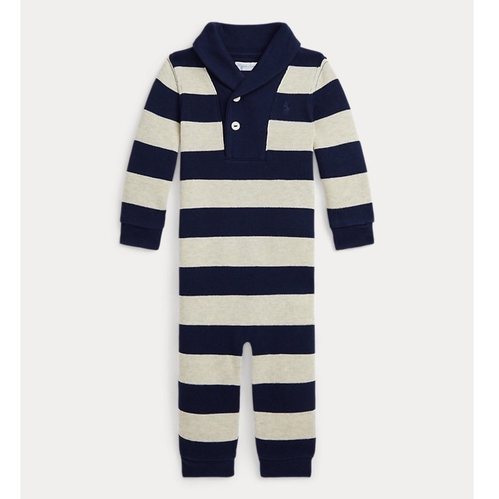 Ralph Lauren Baby Boy Navy Cream Striped Shawl Collar Cotton Coverall 12M ff